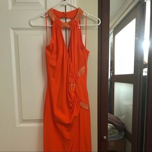 Orange dress gold detail halter mid length